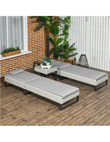 Outsunny 3-piece PE Rattan Sun Lounger Set with Adjustable 5-Position Recliner, Patio Chaise Lounge Chair Set with Cushions, Hea