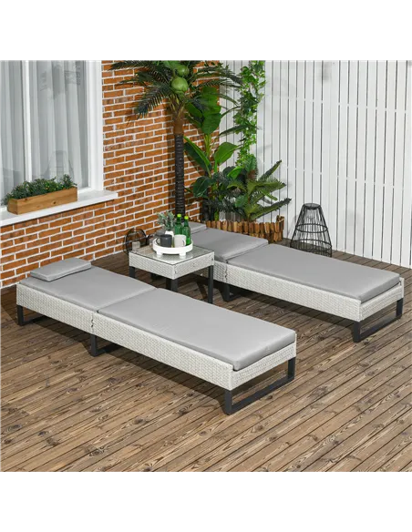 Outsunny 3-piece PE Rattan Sun Lounger Set with Adjustable 5-Position Recliner, Patio Chaise Lounge Chair Set with Cushions, Hea