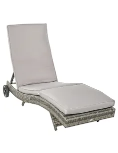 Outsunny Patio Wicker Chaise Lounge Chair, Outdoor PE Rattan Sun Lounger with Adjustable Backrest and 2 Wheels, Grey
