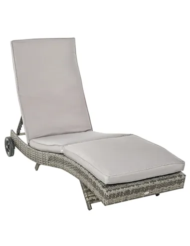 Outsunny Patio Wicker Chaise Lounge Chair, Outdoor PE Rattan Sun Lounger with Adjustable Backrest and 2 Wheels, Grey