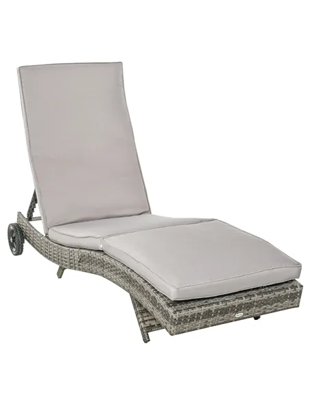 Outsunny Patio Wicker Chaise Lounge Chair, Outdoor PE Rattan Sun Lounger with Adjustable Backrest and 2 Wheels, Grey