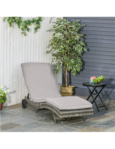 Outsunny Patio Wicker Chaise Lounge Chair, Outdoor PE Rattan Sun Lounger with Adjustable Backrest and 2 Wheels, Grey