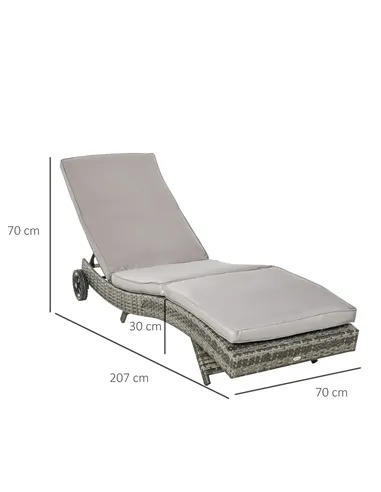 Outsunny Patio Wicker Chaise Lounge Chair, Outdoor PE Rattan Sun Lounger with Adjustable Backrest and 2 Wheels, Grey