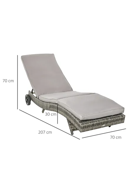Outsunny Patio Wicker Chaise Lounge Chair, Outdoor PE Rattan Sun Lounger with Adjustable Backrest and 2 Wheels, Grey