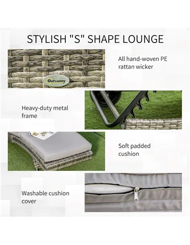 Outsunny Patio Wicker Chaise Lounge Chair, Outdoor PE Rattan Sun Lounger with Adjustable Backrest and 2 Wheels, Grey