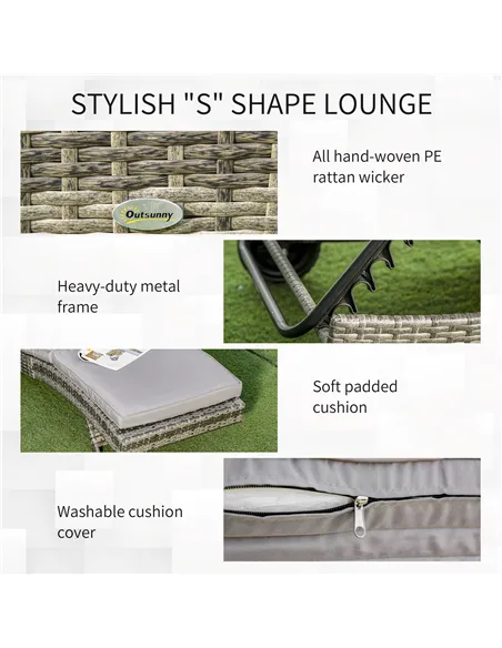 Outsunny Patio Wicker Chaise Lounge Chair, Outdoor PE Rattan Sun Lounger with Adjustable Backrest and 2 Wheels, Grey