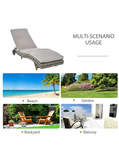 Outsunny Patio Wicker Chaise Lounge Chair, Outdoor PE Rattan Sun Lounger with Adjustable Backrest and 2 Wheels, Grey