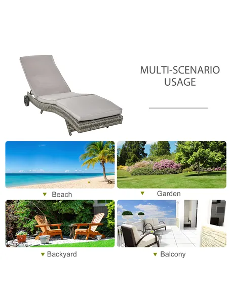 Outsunny Patio Wicker Chaise Lounge Chair, Outdoor PE Rattan Sun Lounger with Adjustable Backrest and 2 Wheels, Grey