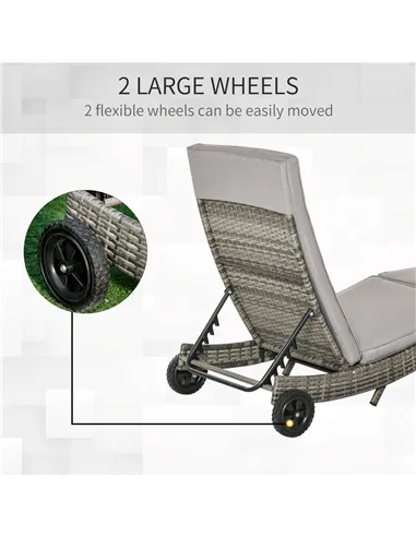Outsunny Patio Wicker Chaise Lounge Chair, Outdoor PE Rattan Sun Lounger with Adjustable Backrest and 2 Wheels, Grey