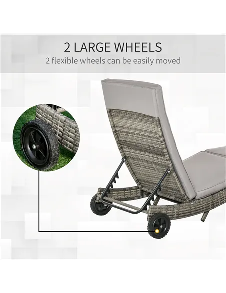 Outsunny Patio Wicker Chaise Lounge Chair, Outdoor PE Rattan Sun Lounger with Adjustable Backrest and 2 Wheels, Grey