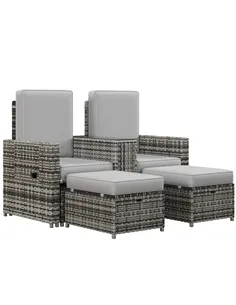 Outsunny Rattan Sun Lounger w/ Storage Tea Table & Footstools, Grey