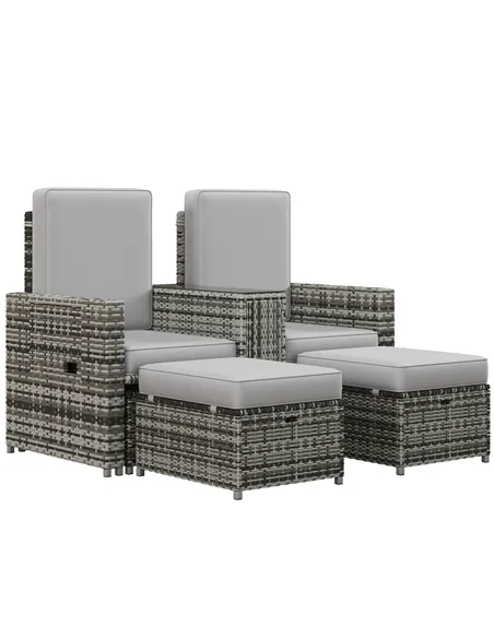 Outsunny Rattan Sun Lounger w/ Storage Tea Table & Footstools, Grey