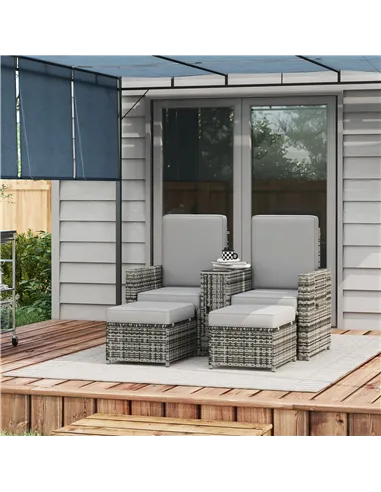 Outsunny Rattan Sun Lounger w/ Storage Tea Table & Footstools, Grey