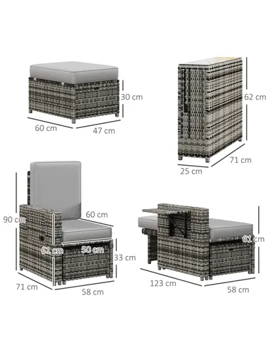 Outsunny Rattan Sun Lounger w/ Storage Tea Table & Footstools, Grey