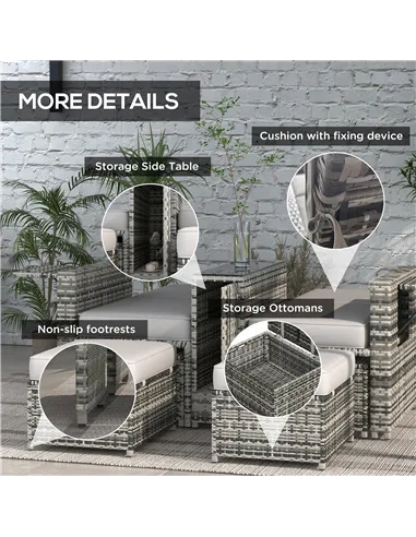 Outsunny Rattan Sun Lounger w/ Storage Tea Table & Footstools, Grey