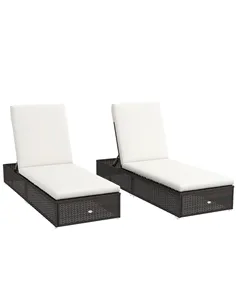 Outsunny Set of Two Rattan Sun Loungers, with Reclining Backs - Brown/Cream