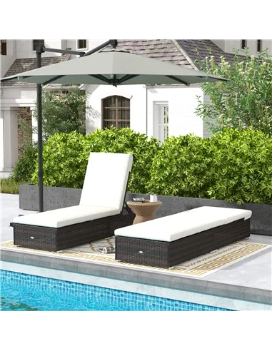 Outsunny Set of Two Rattan Sun Loungers, with Reclining Backs - Brown/Cream