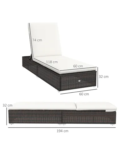 Outsunny Set of Two Rattan Sun Loungers, with Reclining Backs - Brown/Cream