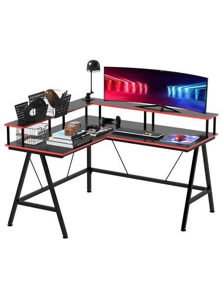 HOMCOM L Shaped Gaming Desk, Corner Computer Desk with Monitor Stand for Home Office, 140 x 130 x 93cm, Black and Red