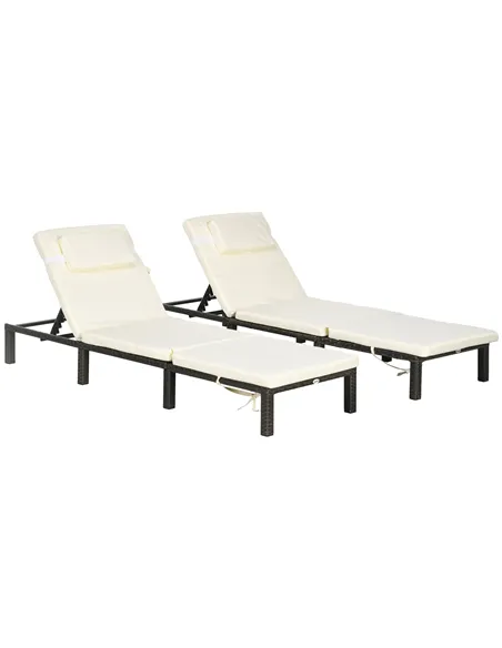 Outsunny Set of Two Reclining Rattan Sun Loungers, with Cushions - Brown/Cream