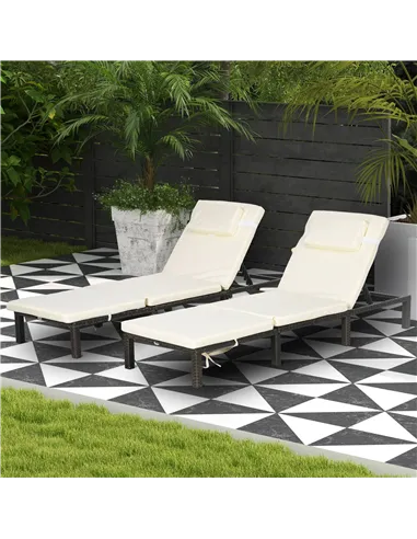 Outsunny Set of Two Reclining Rattan Sun Loungers, with Cushions - Brown/Cream
