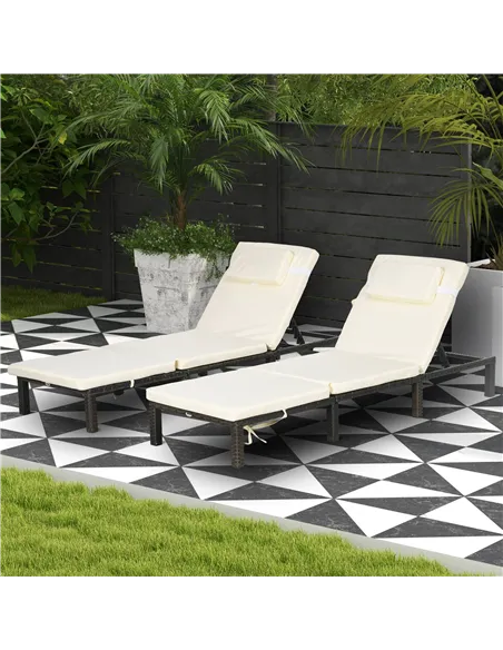 Outsunny Set of Two Reclining Rattan Sun Loungers, with Cushions - Brown/Cream