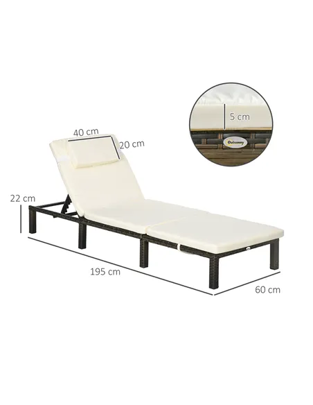 Outsunny Set of Two Reclining Rattan Sun Loungers, with Cushions - Brown/Cream