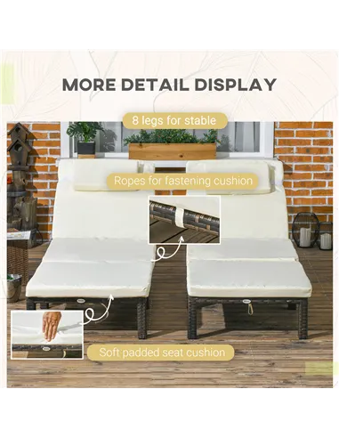 Outsunny Set of Two Reclining Rattan Sun Loungers, with Cushions - Brown/Cream
