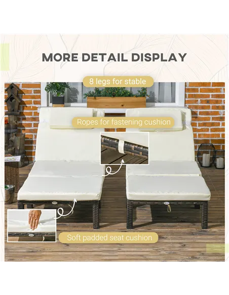 Outsunny Set of Two Reclining Rattan Sun Loungers, with Cushions - Brown/Cream