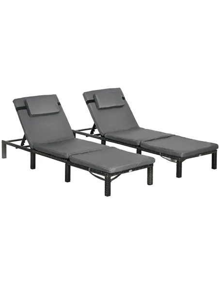 Outsunny Set of Two Reclining Rattan Sun Loungers, with Cushions - Grey