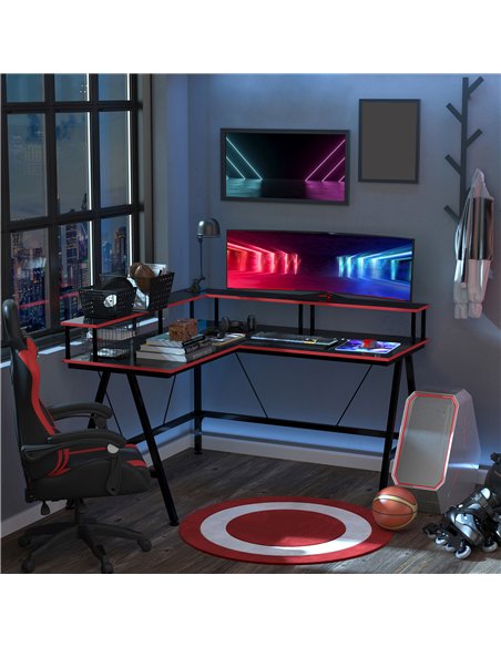 HOMCOM L Shaped Gaming Desk, Corner Computer Desk with Monitor Stand for Home Office, 140 x 130 x 93cm, Black and Red
