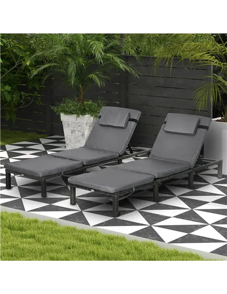 Outsunny Set of Two Reclining Rattan Sun Loungers, with Cushions - Grey
