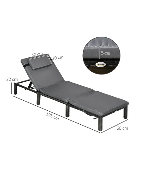 Outsunny Set of Two Reclining Rattan Sun Loungers, with Cushions - Grey