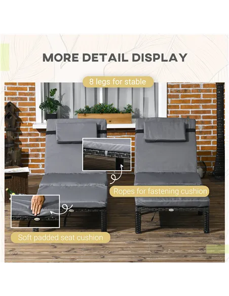 Outsunny Set of Two Reclining Rattan Sun Loungers, with Cushions - Grey
