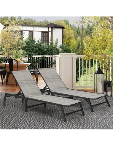 Outsunny Foldable Outdoor PE Rattan Sun Lounger Set of 2, Patio Wicker Recliners Lounge Chair w/ 5-Level Adjustable Backrest, fo