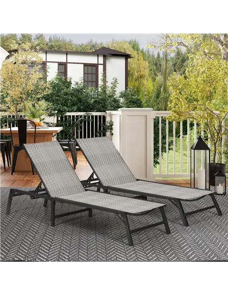 Outsunny Foldable Outdoor PE Rattan Sun Lounger Set of 2, Patio Wicker Recliners Lounge Chair w/ 5-Level Adjustable Backrest, fo