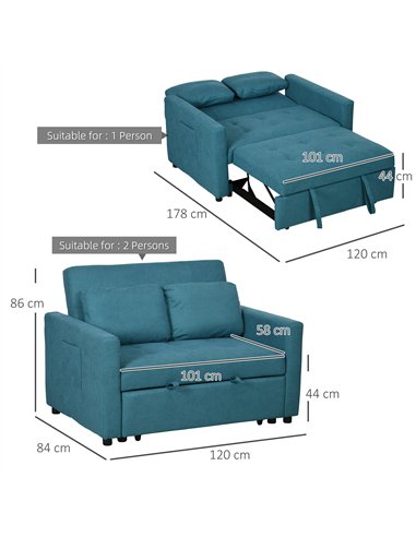 HOMCOM Loveseat Sofa Bed, Convertible Bed Settee with 2 Cushions, Side Pockets for Living Room, Blue