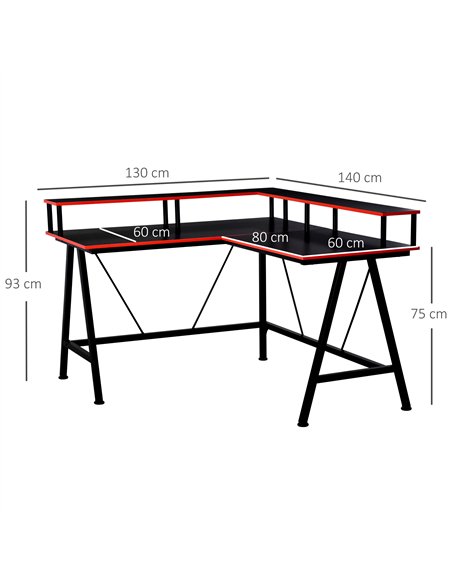 HOMCOM L Shaped Gaming Desk, Corner Computer Desk with Monitor Stand for Home Office, 140 x 130 x 93cm, Black and Red