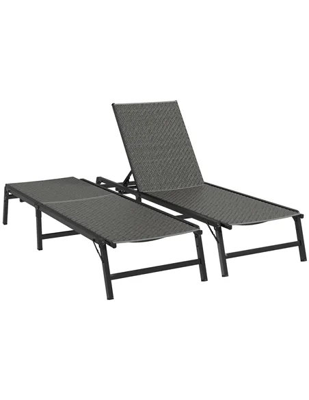 Outsunny Foldable Outdoor PE Rattan Sun Lounger Set of 2, Patio Wicker Recliners Lounge Chair w/ 5-Level Adjustable Backrest, fo