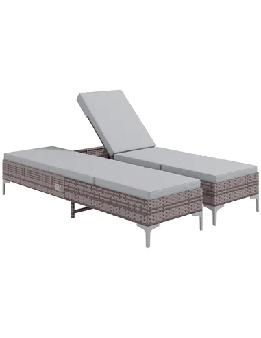 Outsunny Outdoor PE Rattan Sun Lounger Set of 2, Multi-position Backrest Adjustable Single Recliner Sunbed Daybed with Removeabl