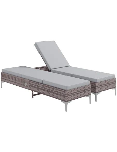 Outsunny Outdoor PE Rattan Sun Lounger Set of 2, Multi-position Backrest Adjustable Single Recliner Sunbed Daybed with Removeabl