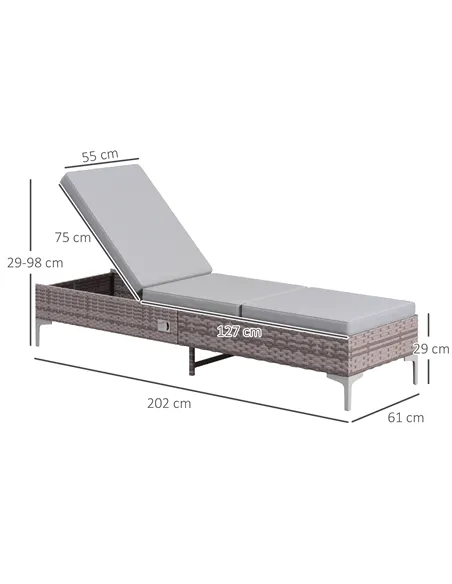 Outsunny Outdoor PE Rattan Sun Lounger Set of 2, Multi-position Backrest Adjustable Single Recliner Sunbed Daybed with Removeabl