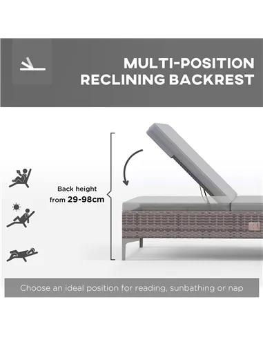 Outsunny Outdoor PE Rattan Sun Lounger Set of 2, Multi-position Backrest Adjustable Single Recliner Sunbed Daybed with Removeabl