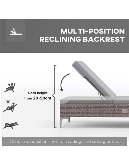 Outsunny Outdoor PE Rattan Sun Lounger Set of 2, Multi-position Backrest Adjustable Single Recliner Sunbed Daybed with Removeabl