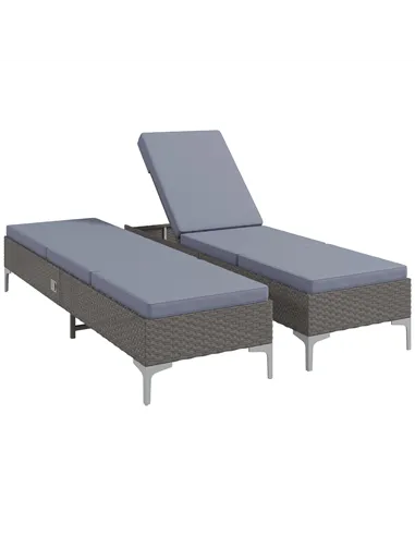 Outsunny Outdoor PE Rattan Sun Lounger Set of 2, Multi-position Backrest Adjustable Single Recliner Sunbed Daybed with Removeabl