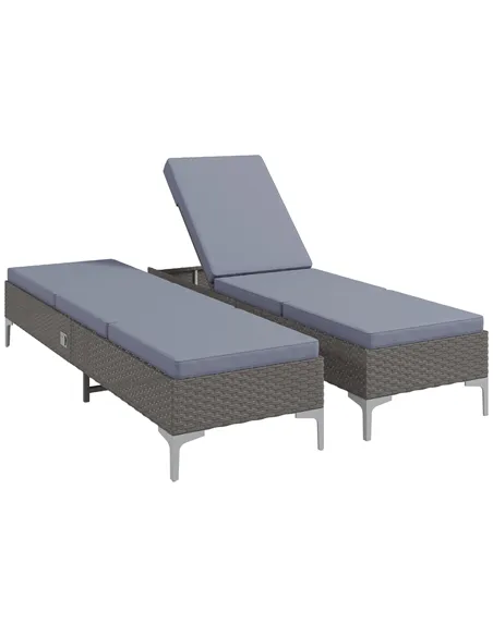 Outsunny Outdoor PE Rattan Sun Lounger Set of 2, Multi-position Backrest Adjustable Single Recliner Sunbed Daybed with Removeabl