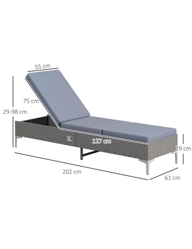 Outsunny Outdoor PE Rattan Sun Lounger Set of 2, Multi-position Backrest Adjustable Single Recliner Sunbed Daybed with Removeabl