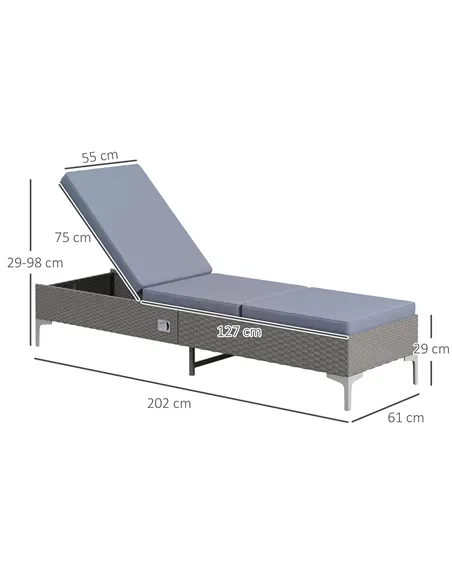 Outsunny Outdoor PE Rattan Sun Lounger Set of 2, Multi-position Backrest Adjustable Single Recliner Sunbed Daybed with Removeabl