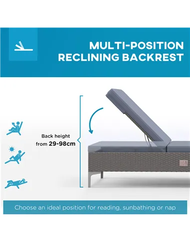 Outsunny Outdoor PE Rattan Sun Lounger Set of 2, Multi-position Backrest Adjustable Single Recliner Sunbed Daybed with Removeabl