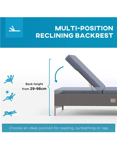 Outsunny Outdoor PE Rattan Sun Lounger Set of 2, Multi-position Backrest Adjustable Single Recliner Sunbed Daybed with Removeabl